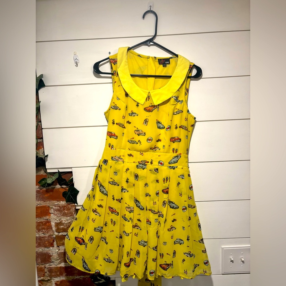 Size US8/UK12, Yellow Skater Dress with Vintage Car Pattern by Yumi